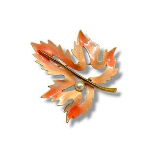 Vintage BSK Signed Brooch Pin Salmon Enameled Goldtone Leaf Faux Pearl 2.25"